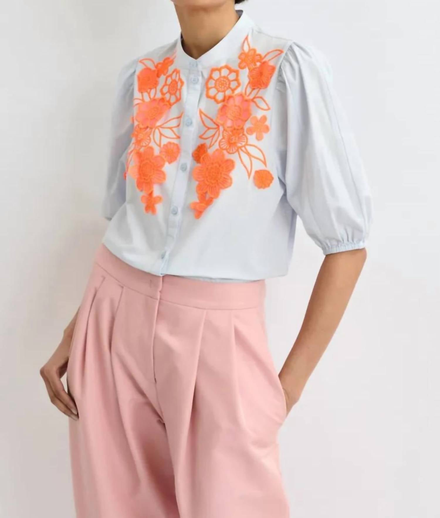Essentiel Antwerp - Appliqué Flowers Shirt With Mandarin Collar