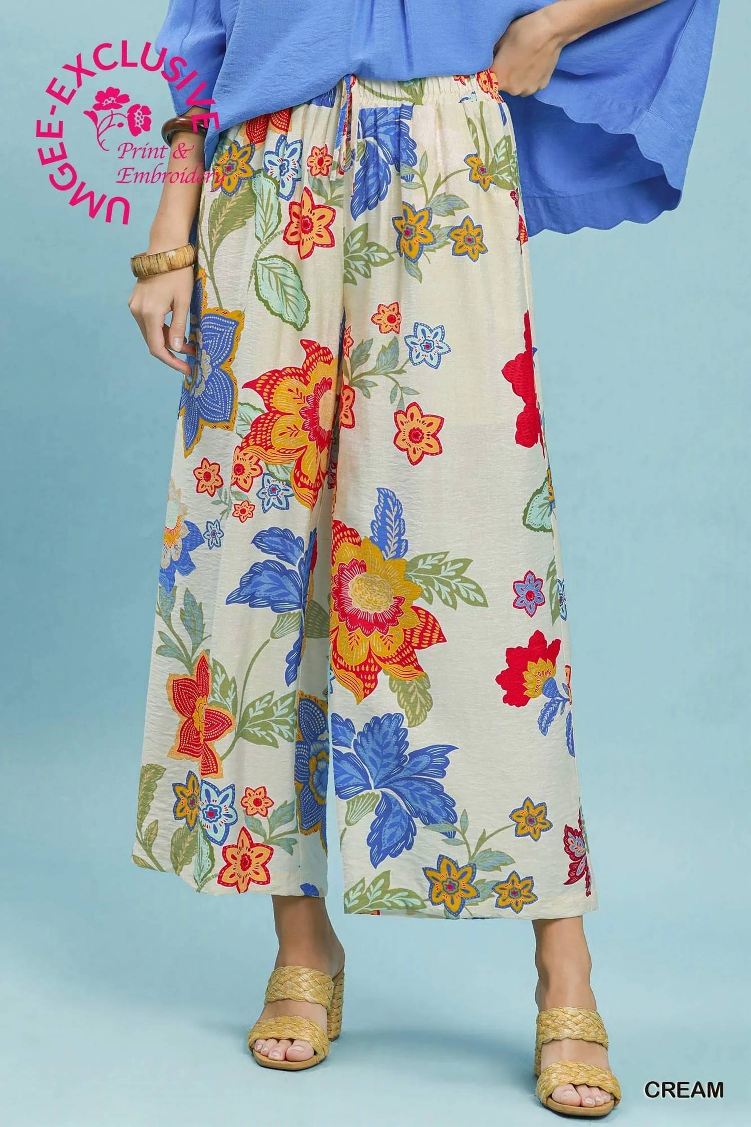 Umgee - Floral Print Wide Leg Crop Pants