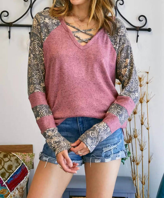 Lattice V Neck Paisley Print Contrast Top