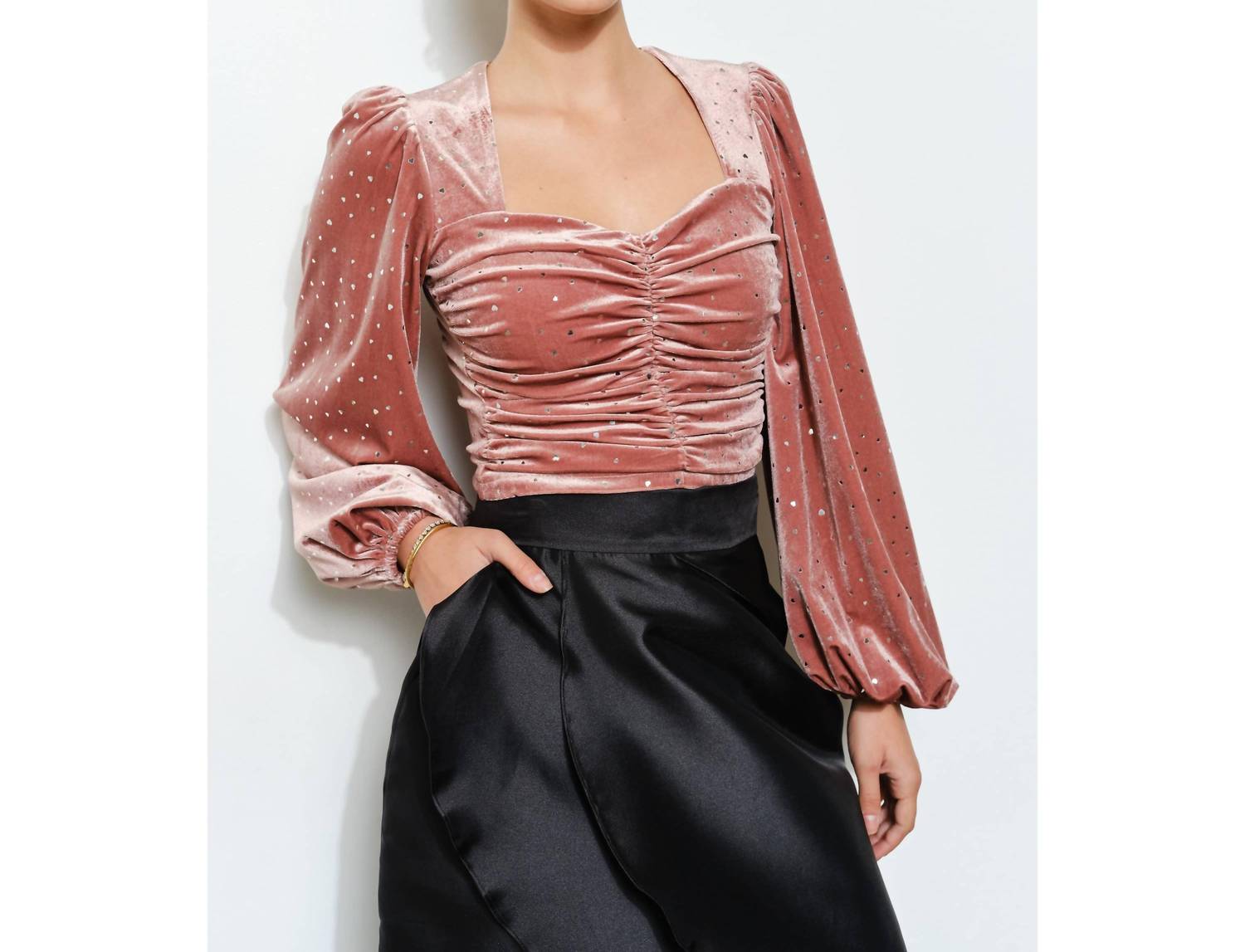 INA Fashion Luxe Velvet Heart Ruched Sweetheart Top in dusty pink - women's shirt