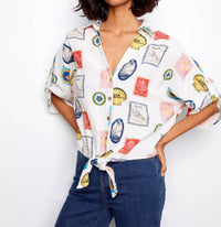 Charlie B - Printed Linen Blend Front-tie Blouse With Roll-up Sleeves