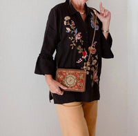 Johnny Was Women's Ruffle Sleeve Henley Tunic in black - women's shirt - detail view
