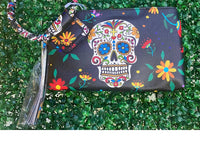Mimi Wholesale - Women's Day Of The Dead Sugar Skull Vegan Leather Wristlet Clutch