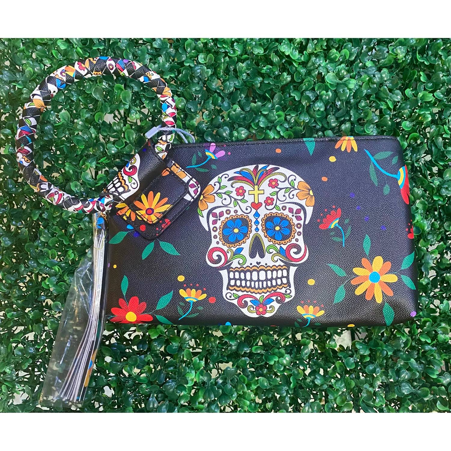 Mimi Wholesale - Women's Day Of The Dead Sugar Skull Vegan Leather Wristlet Clutch