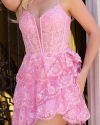 Jovani - Tiered Mini With Glittered Floral Embroidery Dress
