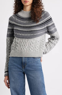 525 America Ayana Cable Pullover With Pattern Yoke Sweater in grey mist combo - women's sweater