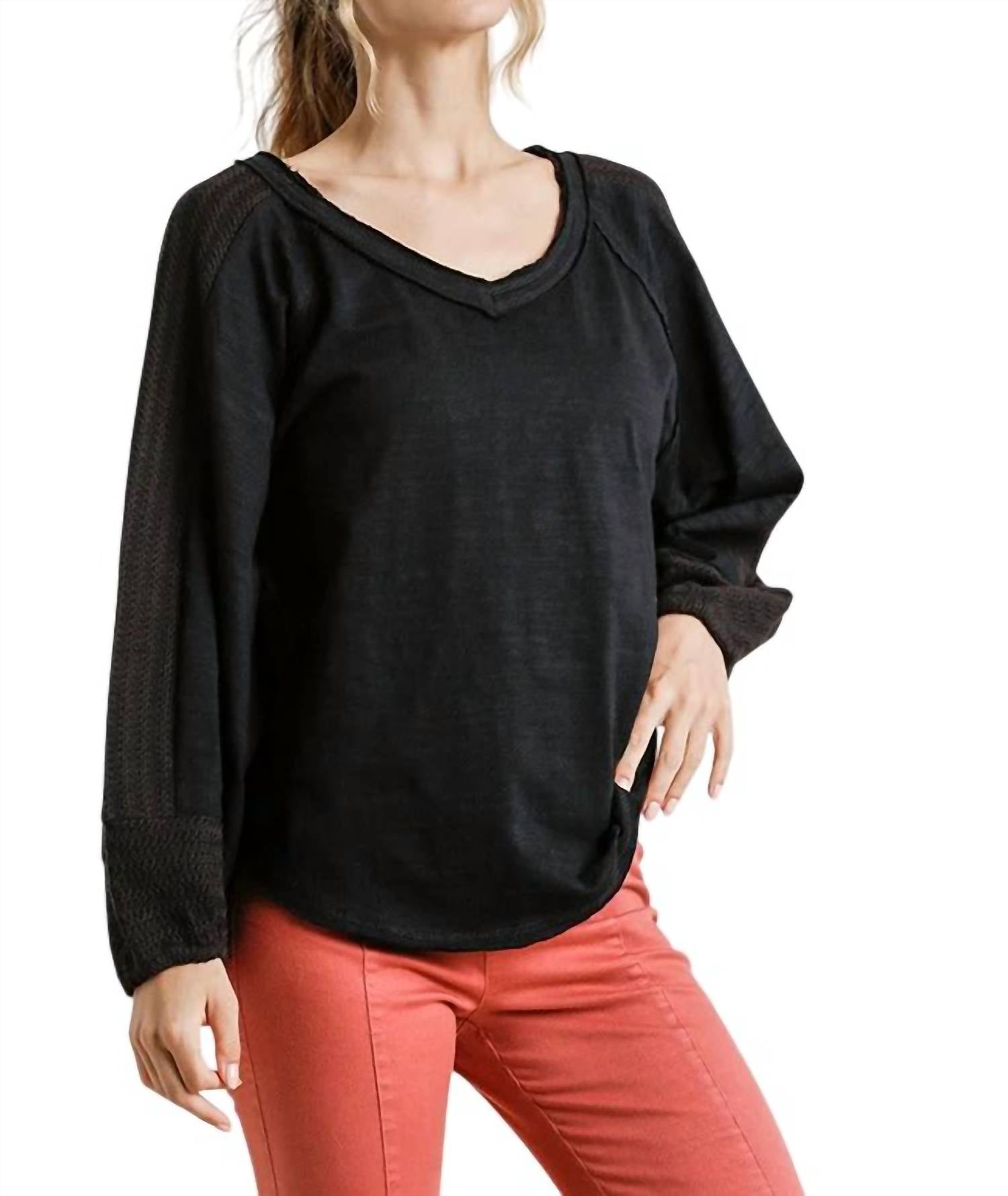 Umgee - Contrast Knit Puff Sleeve Top