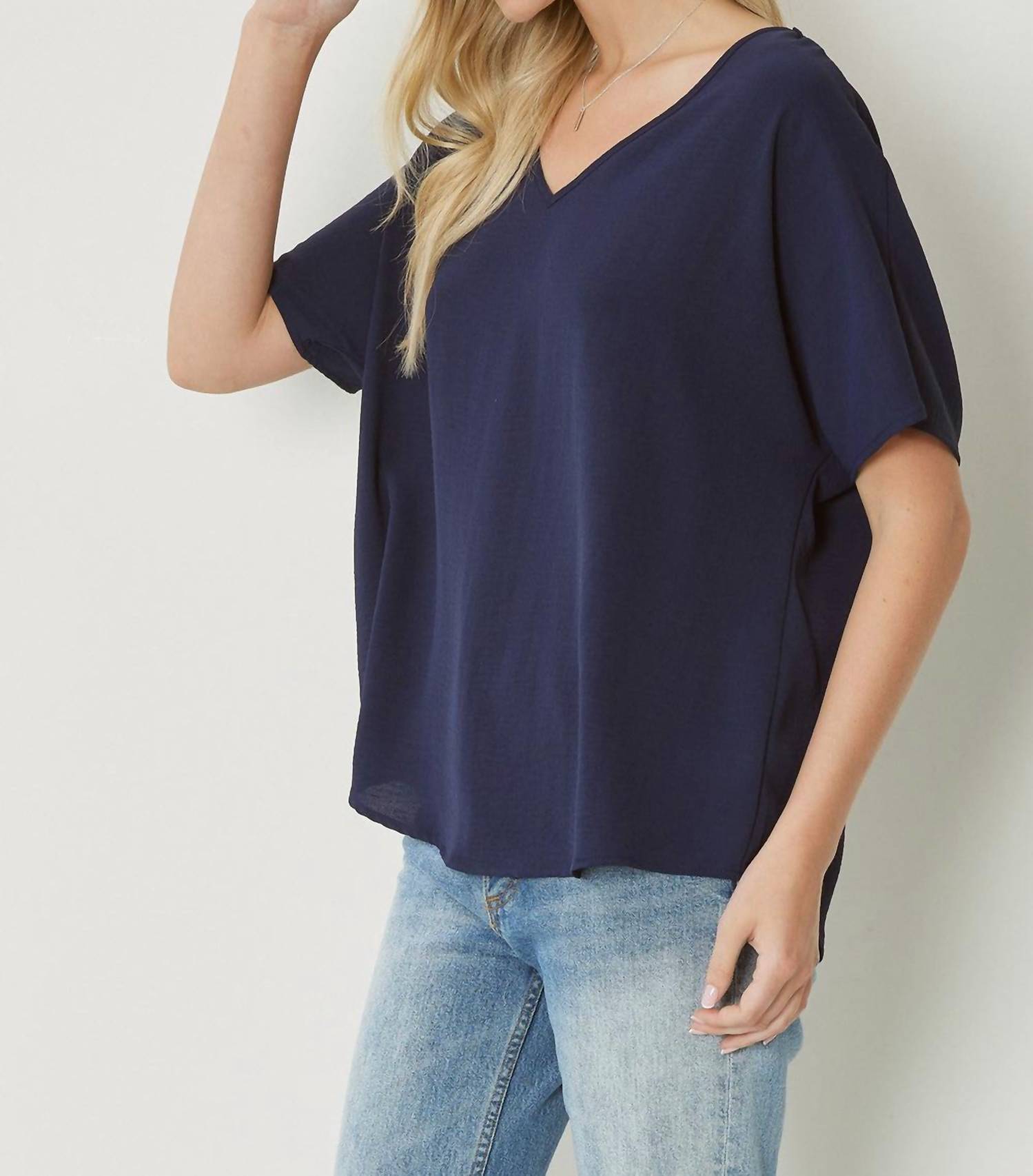entro Solid V-neck Top in navy - women's blouse - alternate view