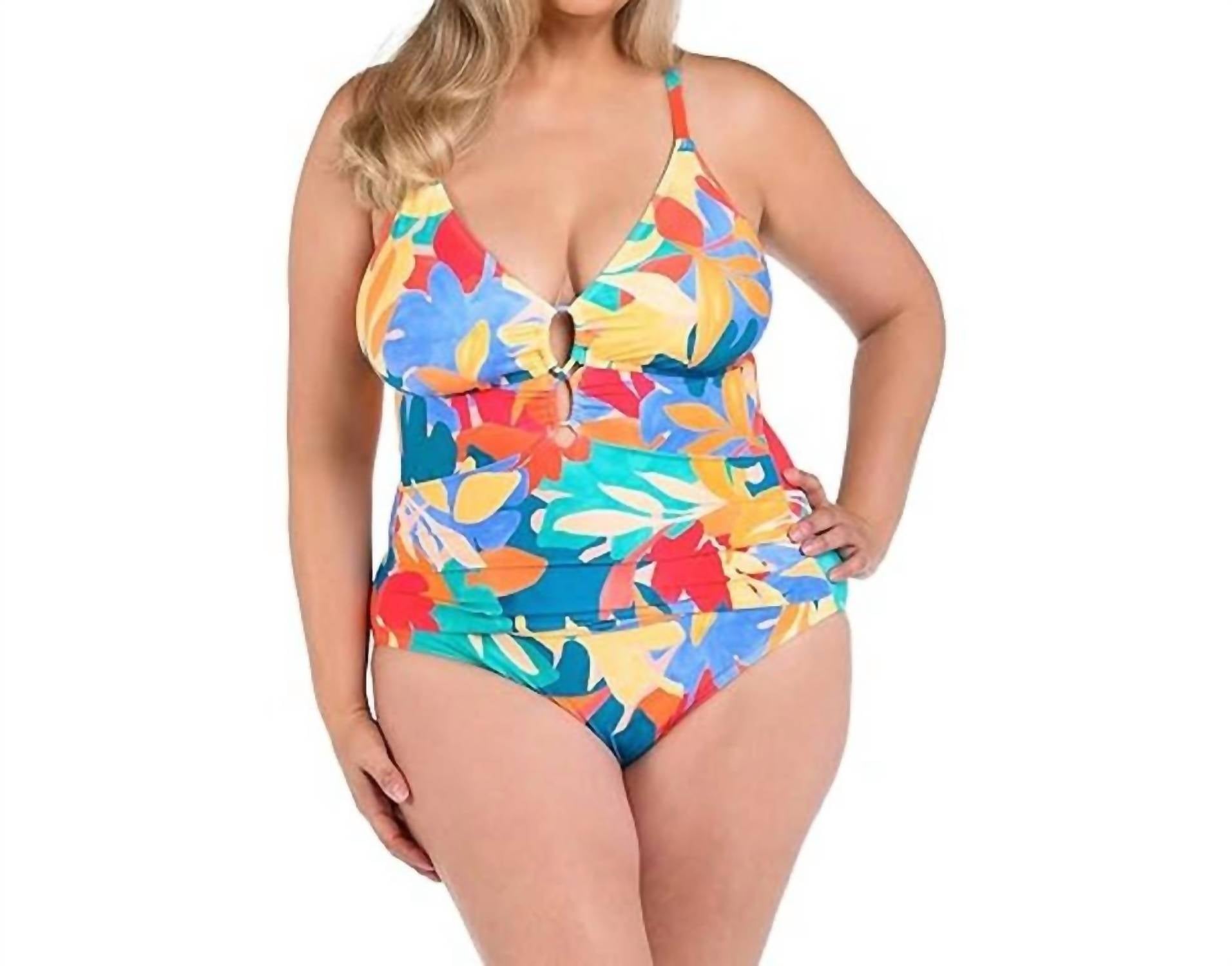 La Blanca Floral Resort One Piece Swimsuit - Plus in blue orange tropical - women's swimwear