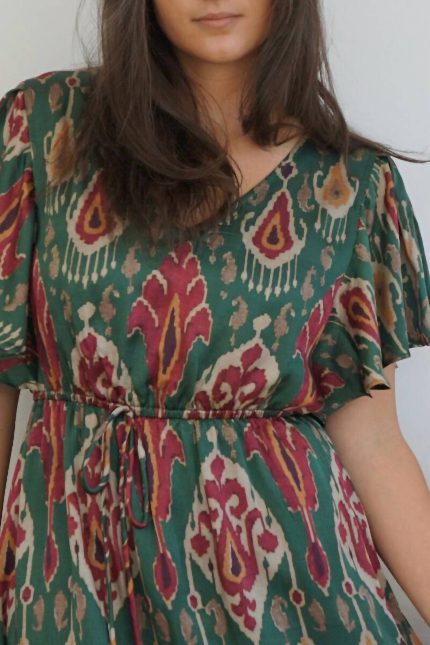 NIBI MTK Carter Midi Dress in vert ikat - women's dress - detail view