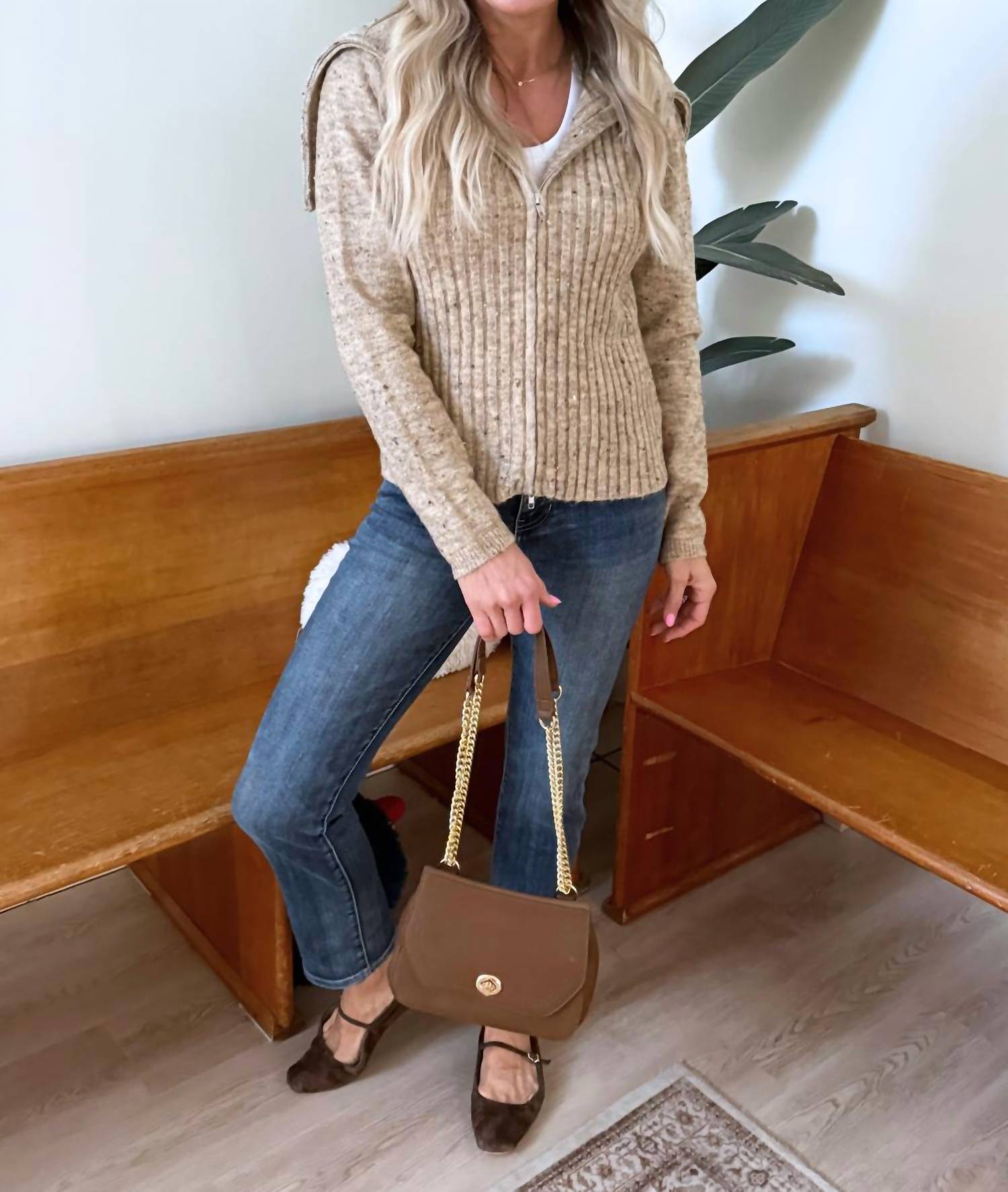 mystree Freckled Yarn Sweater Cardigan in latte - women's cardigan