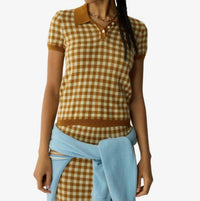 Guest In Residence Gingham Shrunken Polo Top in residence gingham shrunken polo top in suede limewash - women's t-shirt