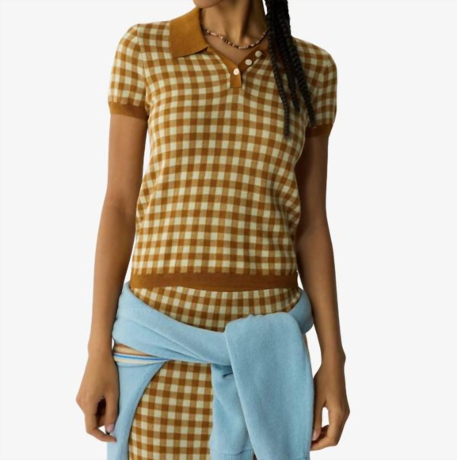 Guest In Residence Gingham Shrunken Polo Top in residence gingham shrunken polo top in suede limewash - women's t-shirt