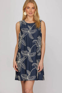 She + Sky - Sleeveless Embroidered Shift Dress