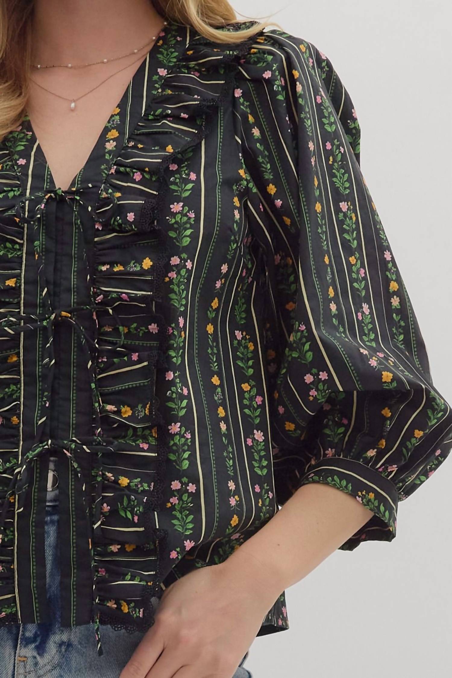entro Bow Tied Floral Printed Top in black - women's blouse - alternate view