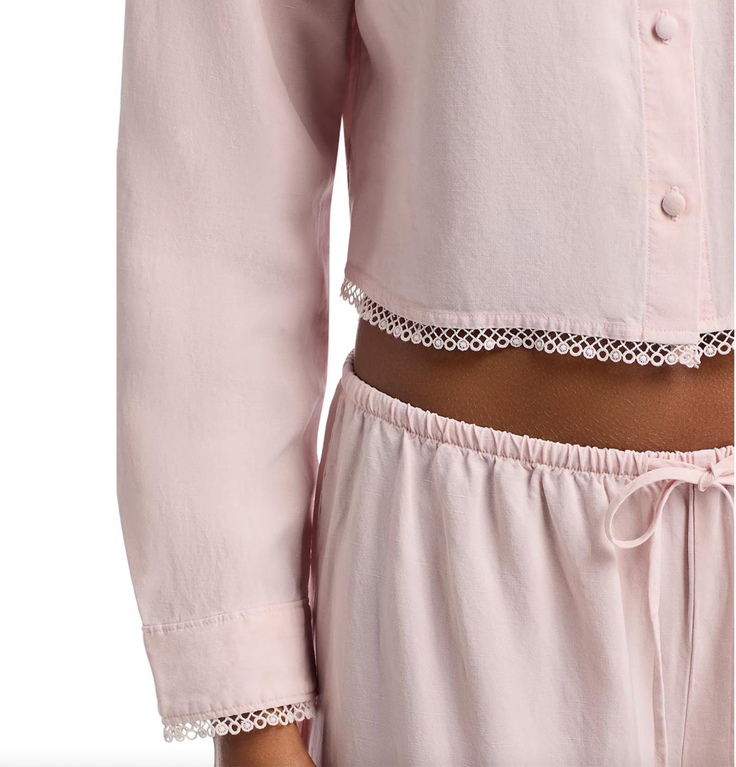 Bella Dahl Long Sleeve Cropped Shirt With Trim Top in ballet pink - women's long sleeve top - alternate view