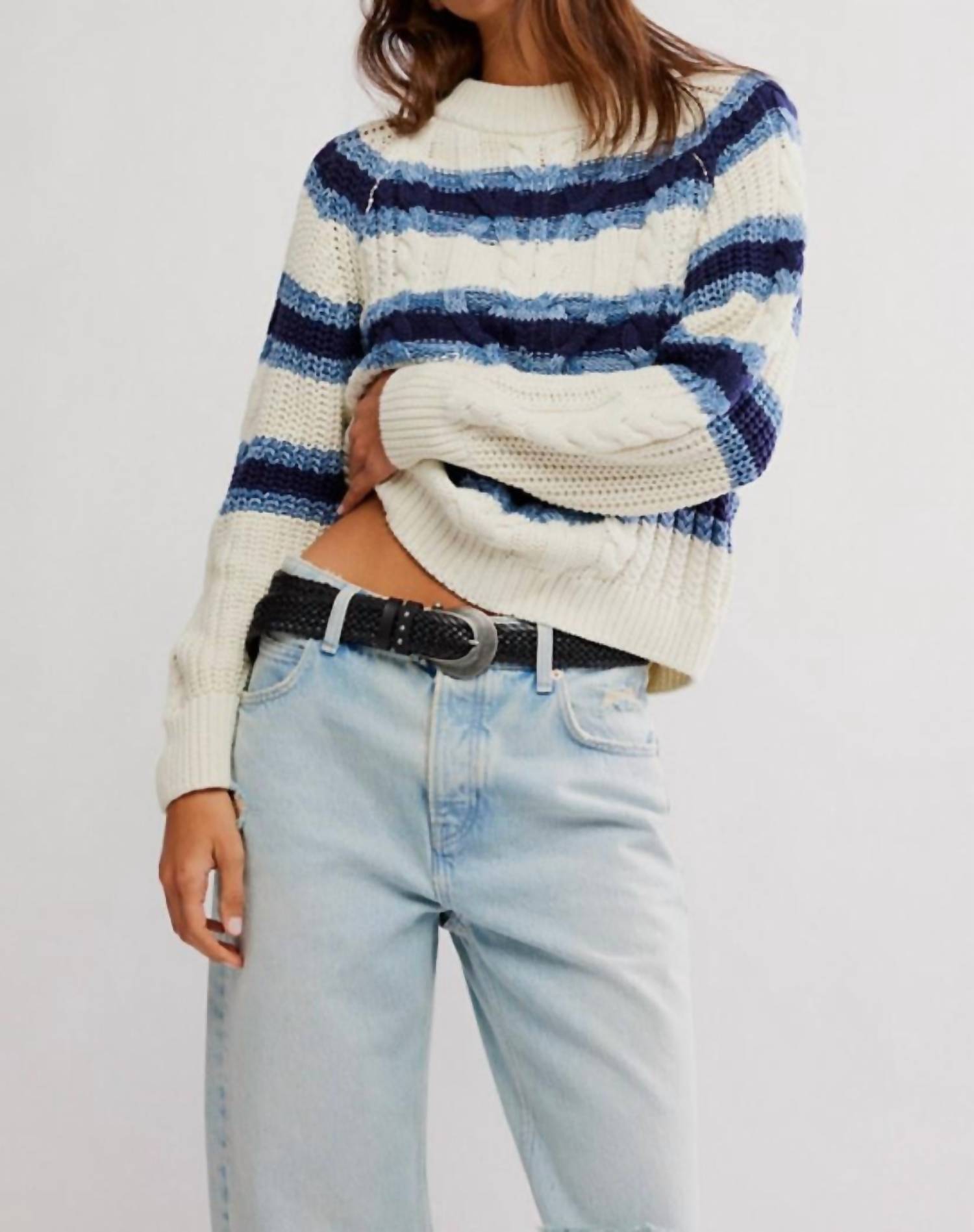 Free People Frankie Cable Striped Pullover in ivory combo 1 - women's sweater