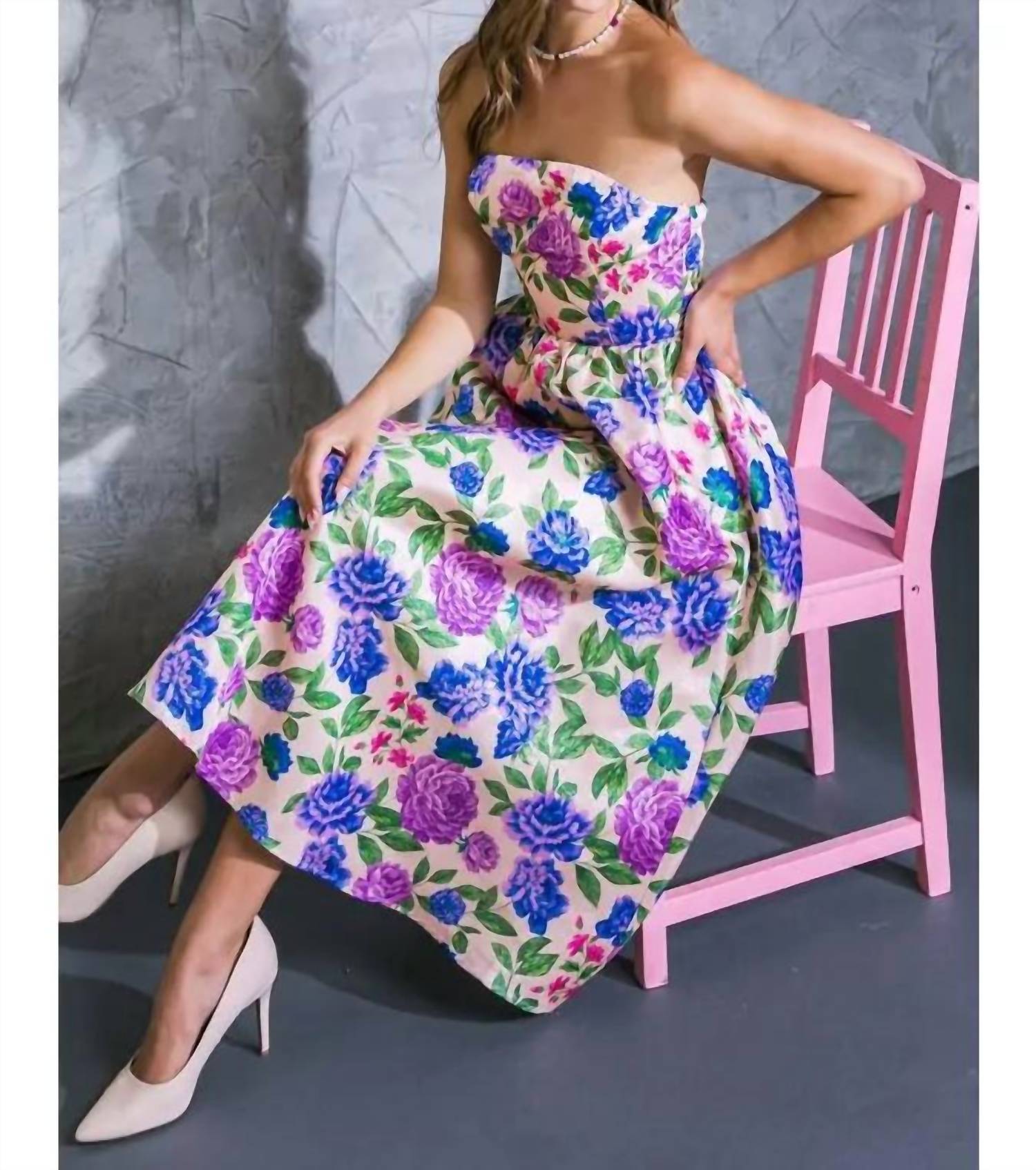 Flying Tomato - Strapless Floral Print Midi Dress