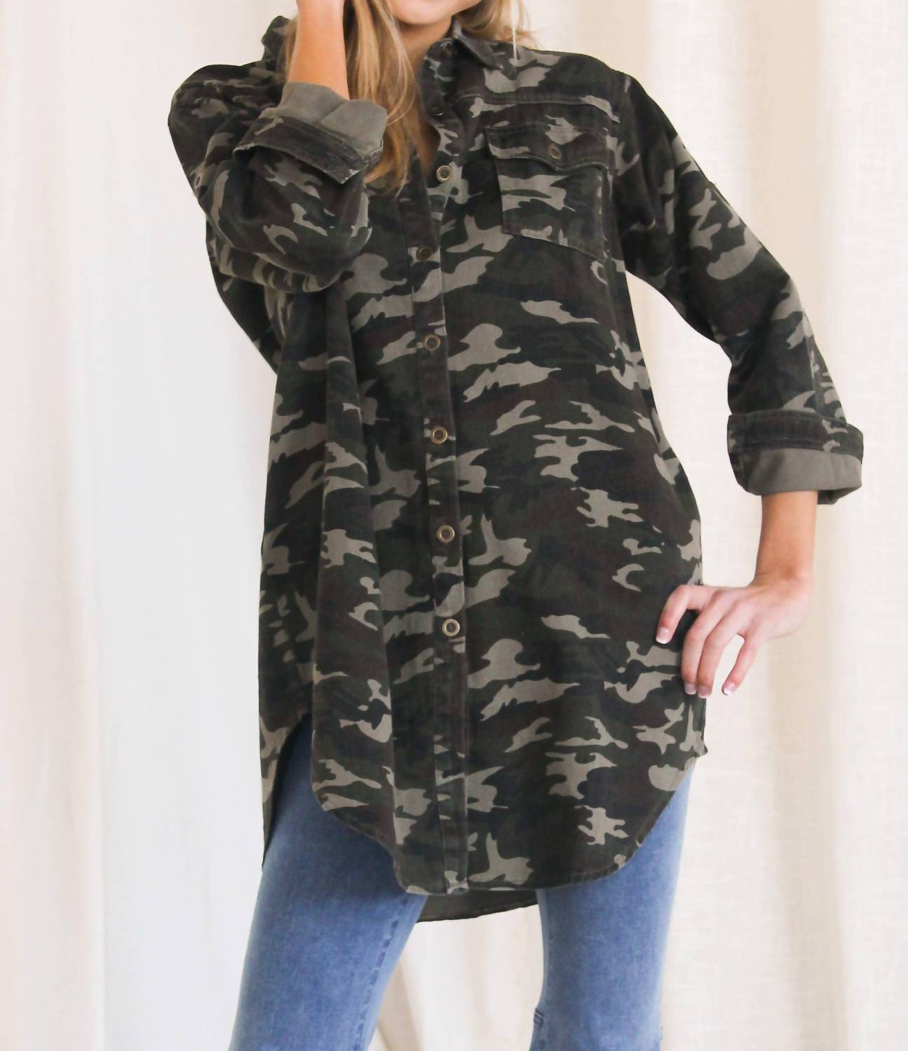 Before You - Camo Print Denim Over Shirt