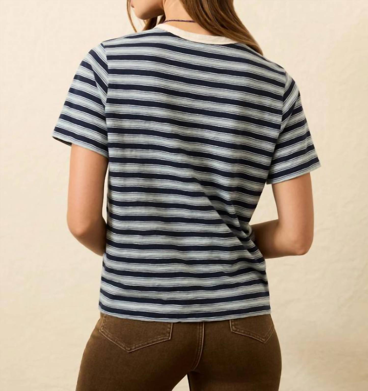Faherty Sunwashed Essential Tee in harbor haze stripe - women's t-shirt - detail view