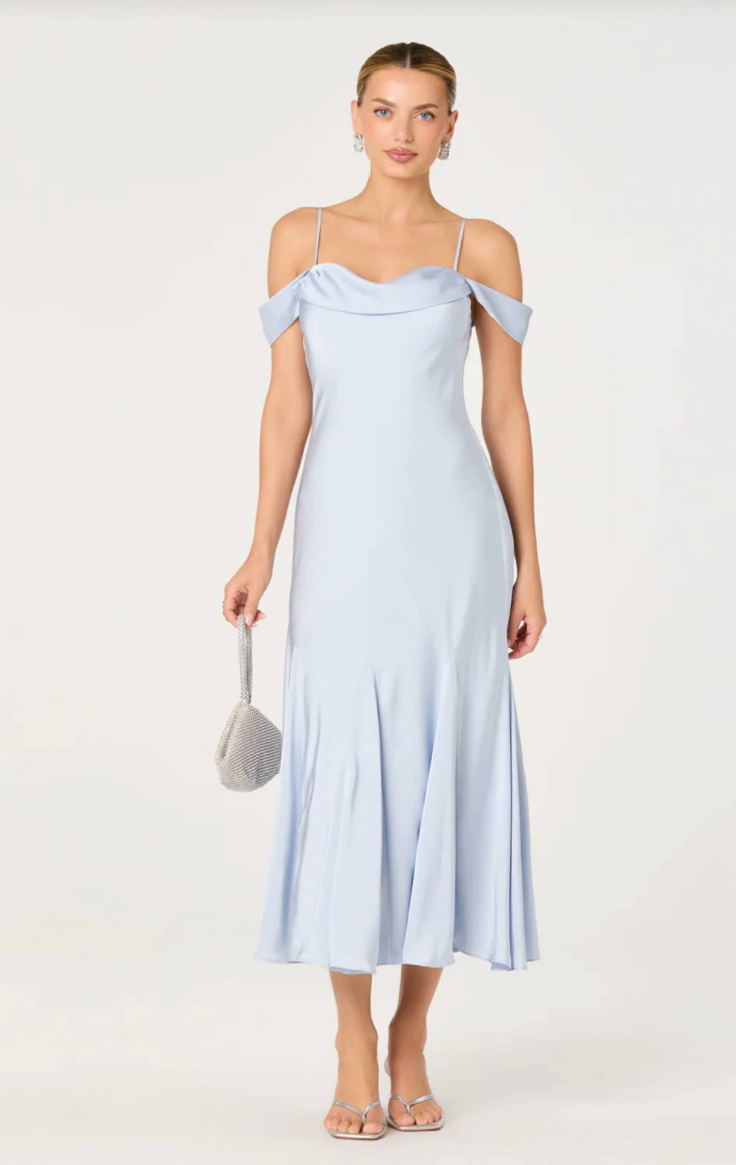Astr - Araxie Satin Off-shoulder Godet Midi Dress