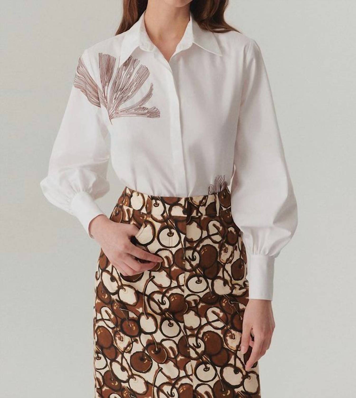 Exquise - Ayla Cotton Shirt With Floral Stitch Detailing