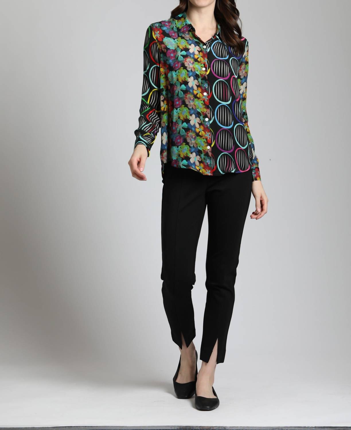 Apny - Mixed Pattern Printed Button-Up Blouse
