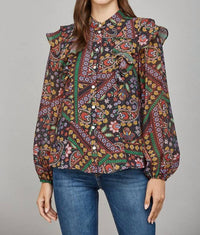 Fate Ruffle Detail Stand Collar Blouse in black multi - women's blouse