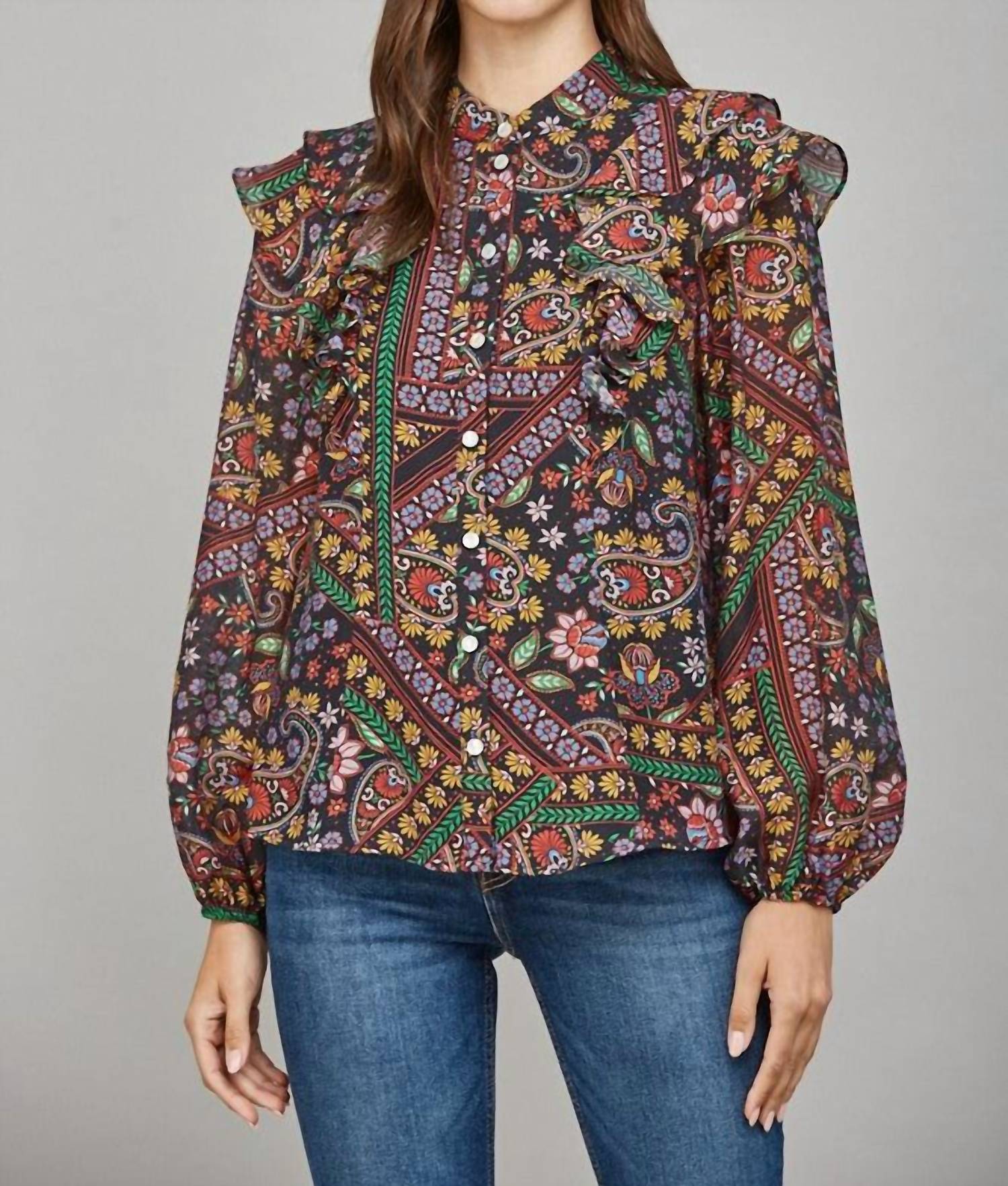 Fate Ruffle Detail Stand Collar Blouse in black multi - women's blouse