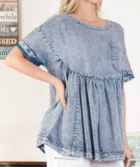 Blue Velvet Babydoll Washed Top With Pockets in blue - women's blouse - detail view