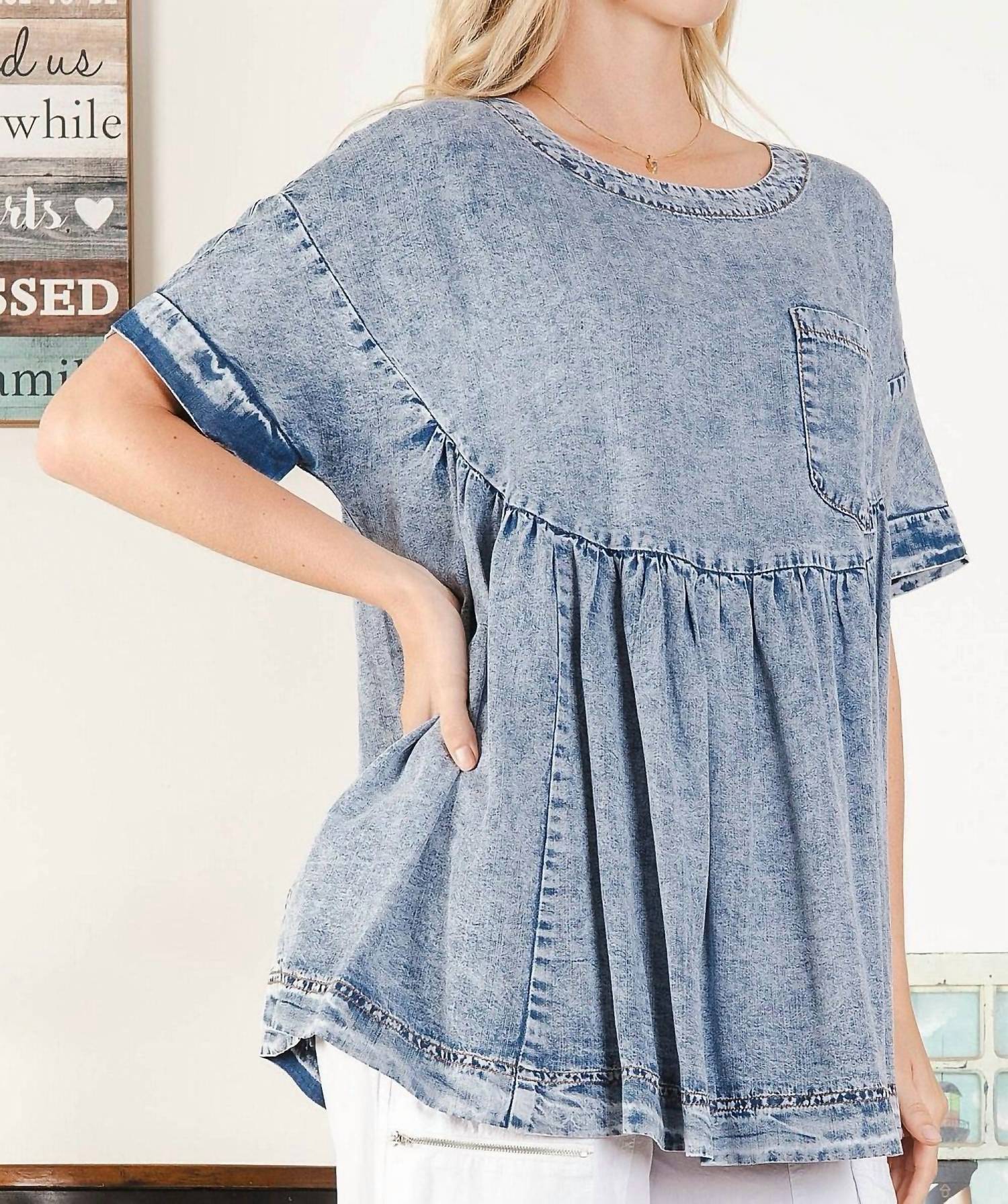 Blue Velvet Babydoll Washed Top With Pockets in blue - women's blouse - detail view