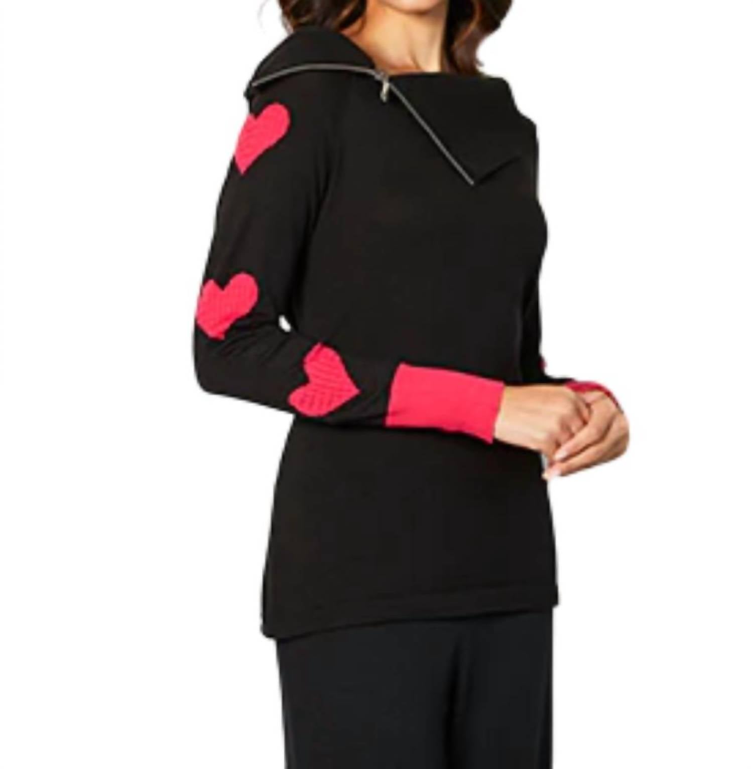 Zip Ribbed Cowl Neck with Heart Detail