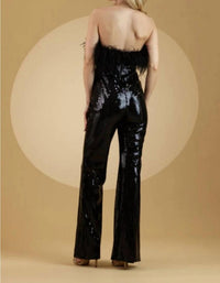Amelia Couture - Sequin Feather Strapless Formal Jumpsuit