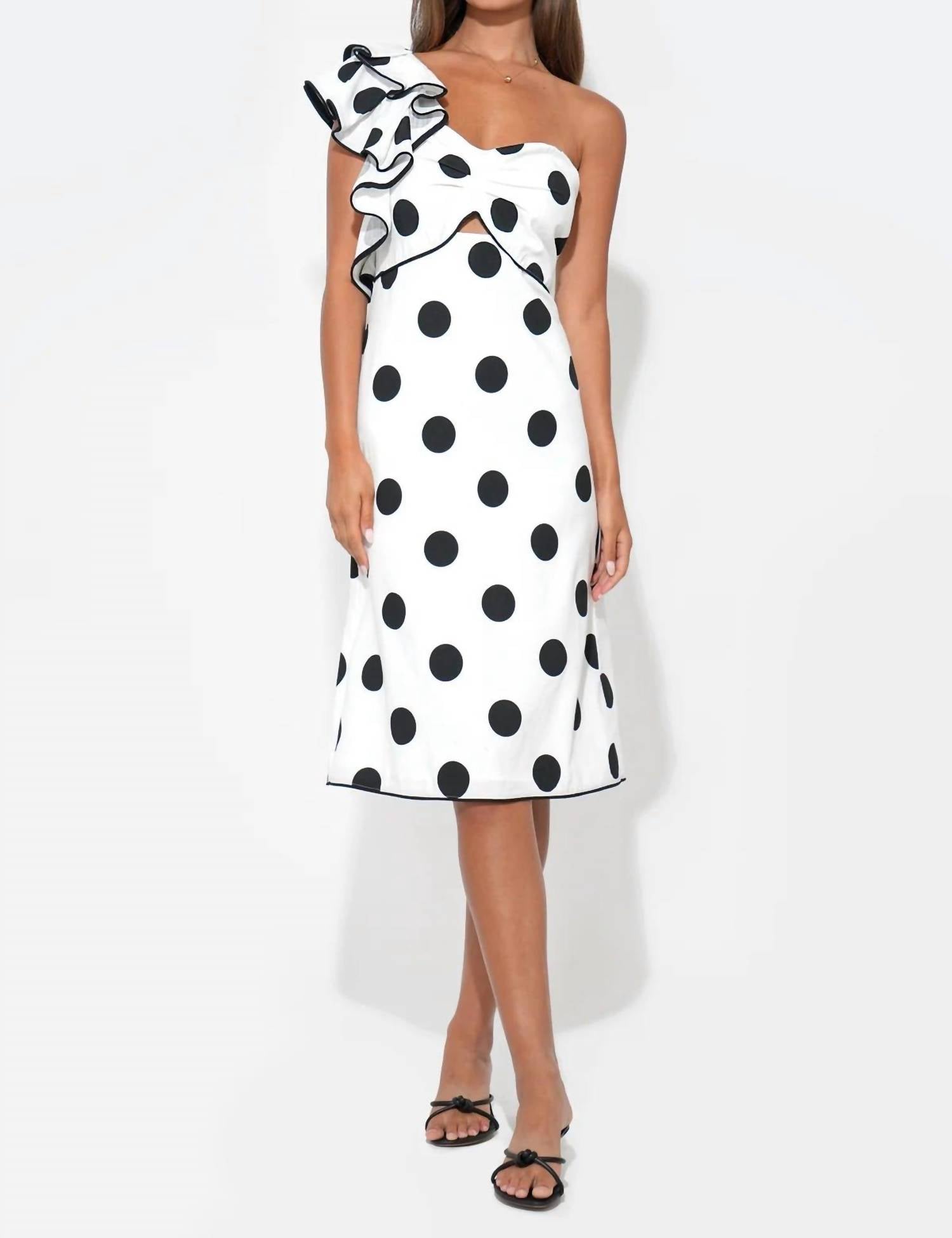Adelyn Rae - CAILYN ONE SHOULDER RUFFLE LINEN DOT MIDI DRESS