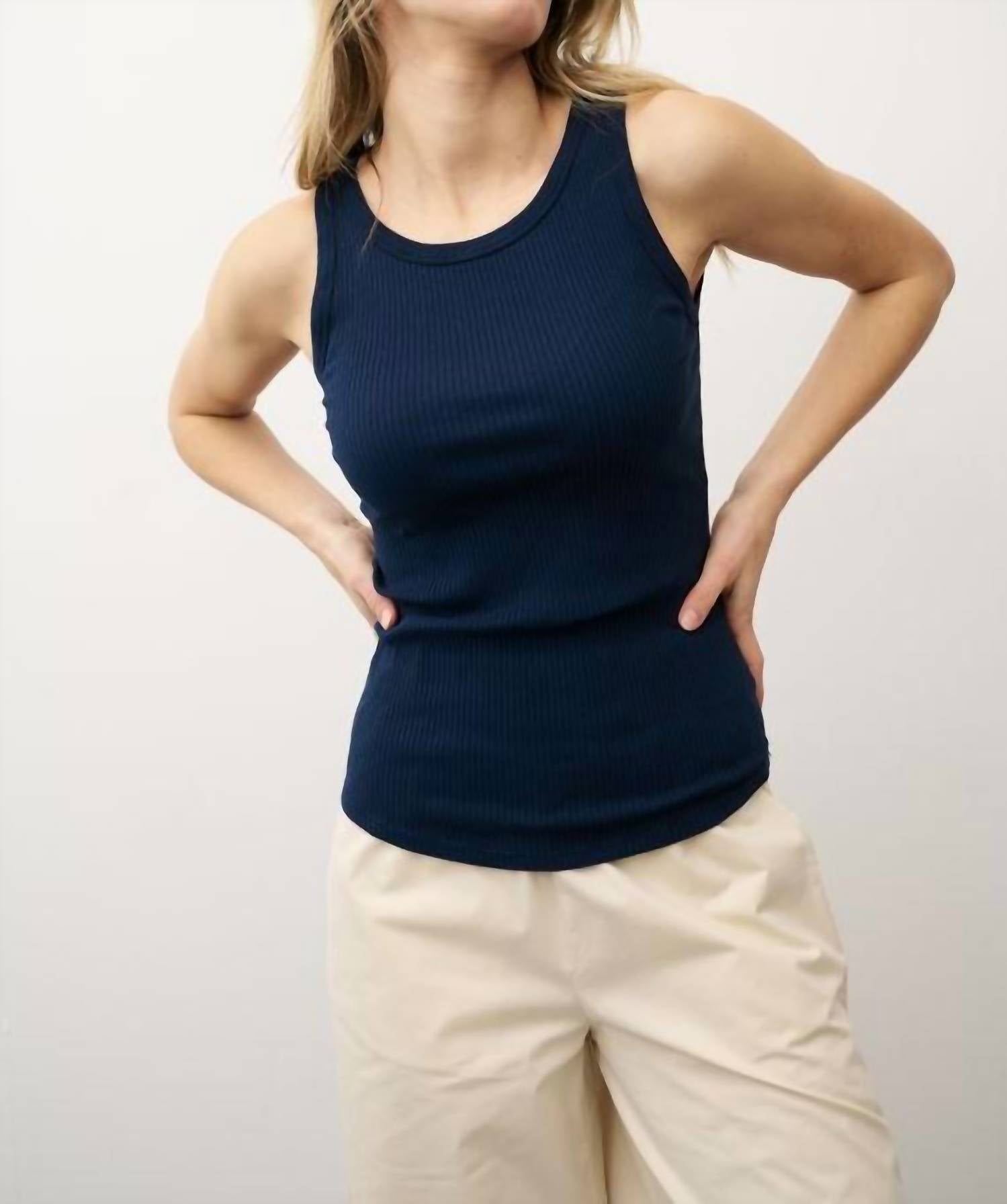 0039 Italy Ella Ribbed Jersey Top in navy - women's tank top - detail view