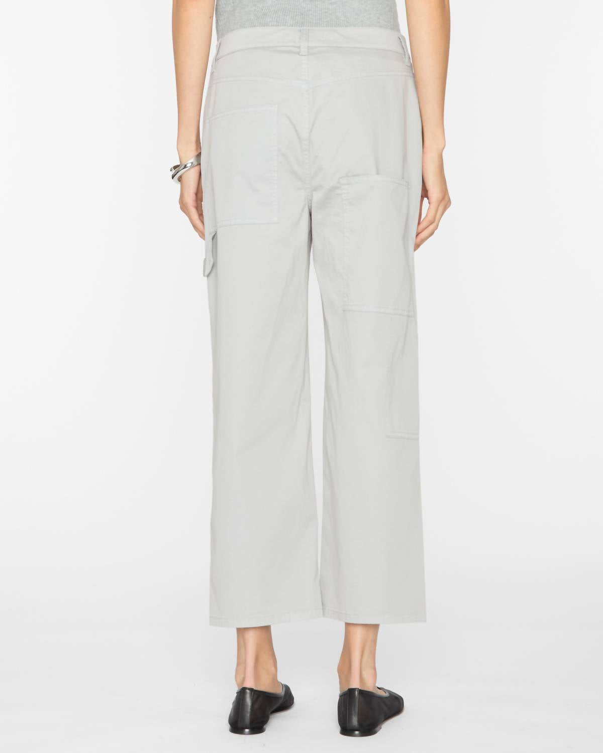 Tibi Garment Dyed Silky Cotton Cropped Slouchy Cargo Jeans in grey - women's pants - detail view