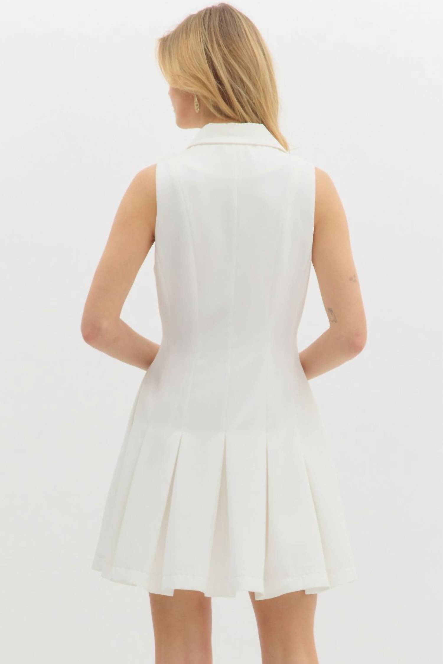 entro Golden Pleated Mini Dress in off white - women's dress - alternate view