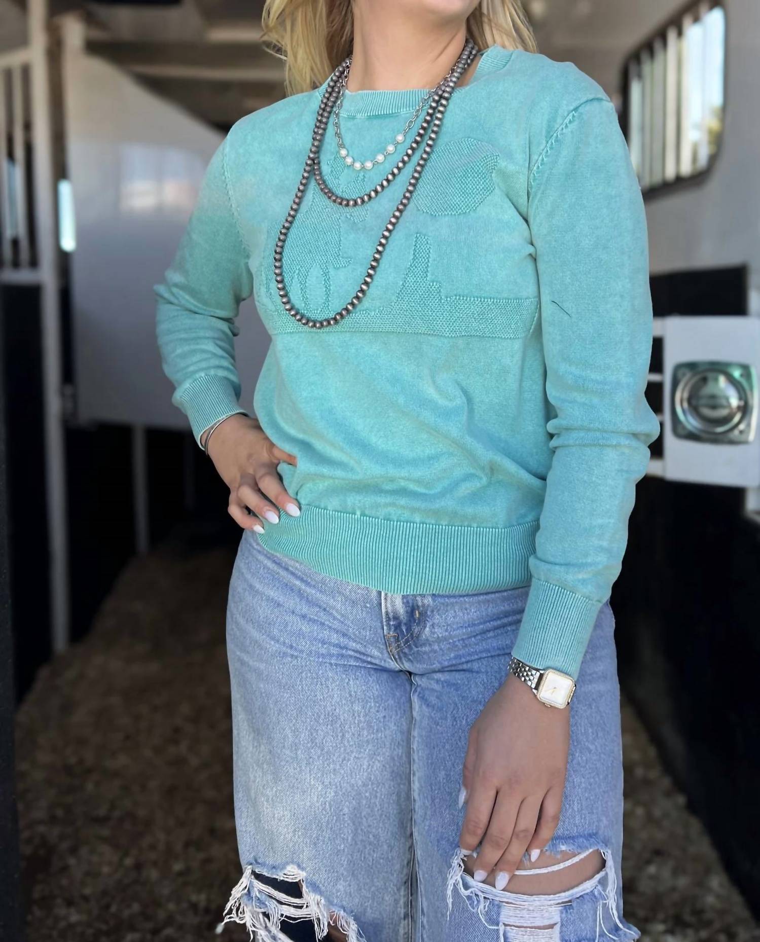 Rowdy Crowd Like A Cowboy Sweater in turquoise - women's sweater