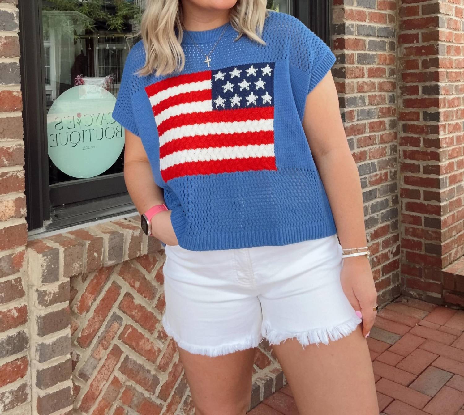 Anniewear - American Flag Open Knit Sweater Top