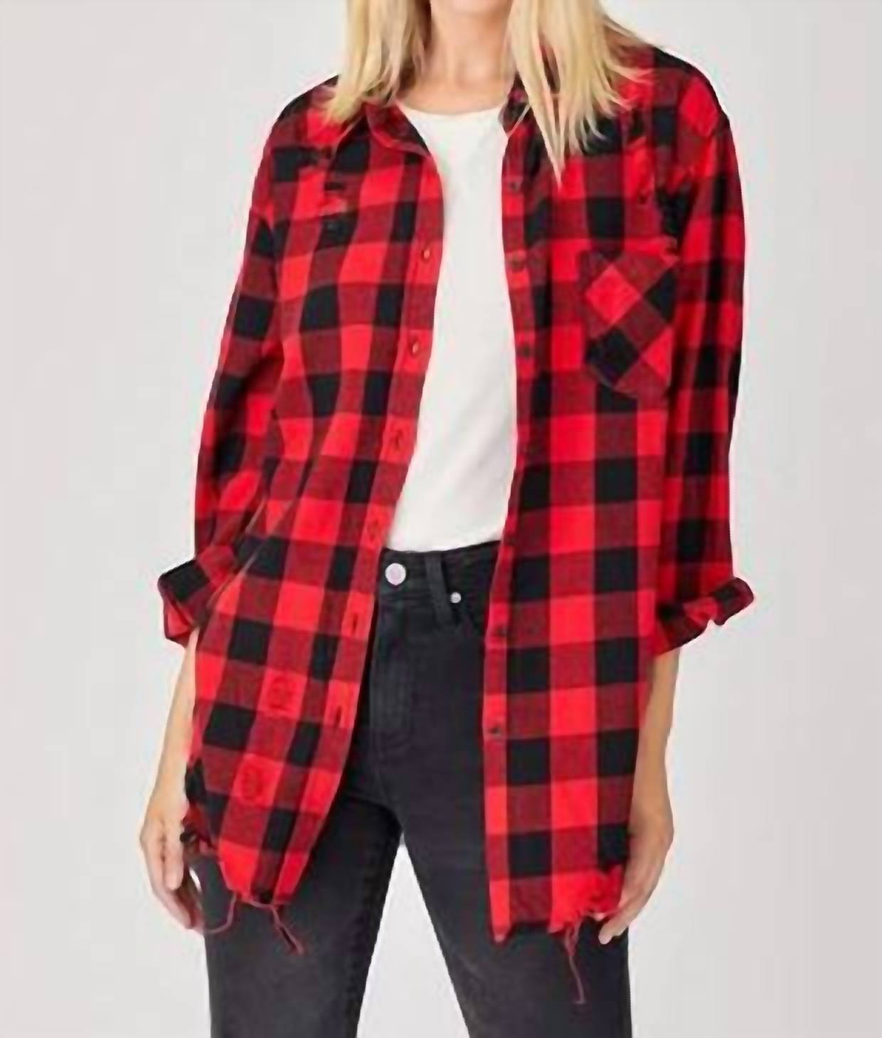 Risen - Just Checkin' Long Distressed Flannel Button-Down
