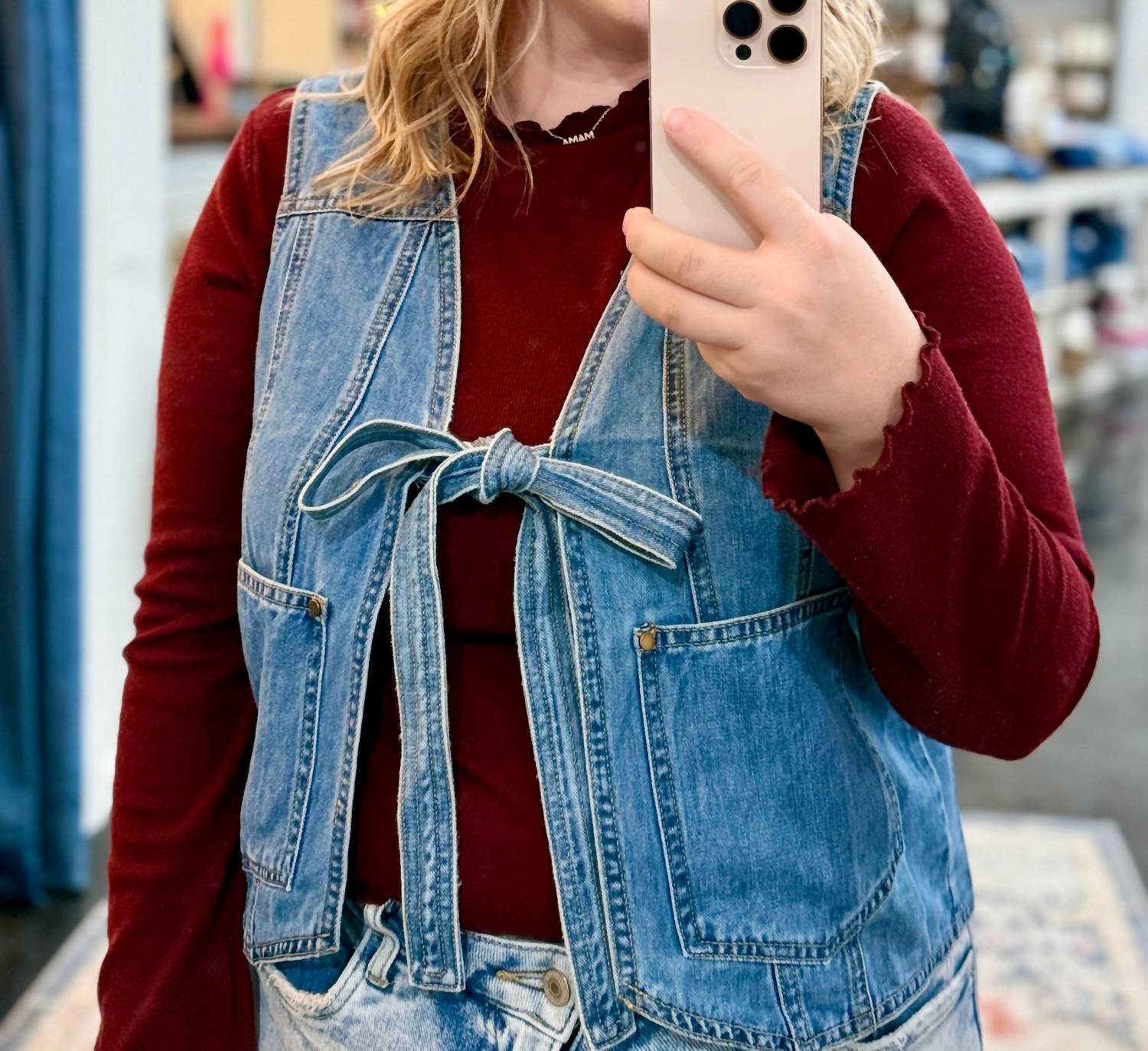 Listicle Front Tie Denim Vest in blue - women's blouse - detail view