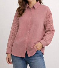 Pine Apparel - Gauze Button Front Crochet Sleeve Top