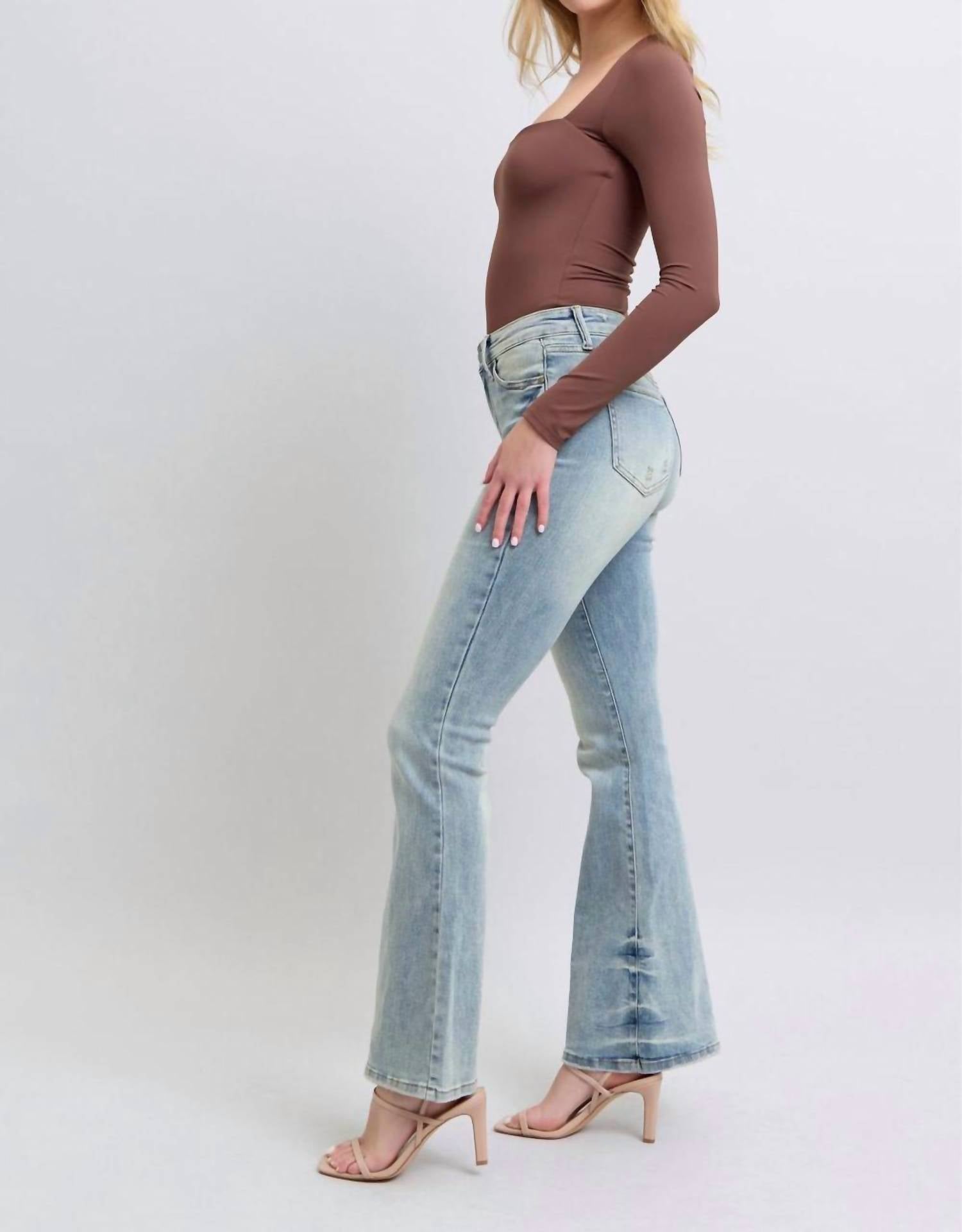 Judy Blue - Mid Rise Tinted Pin Tack Detail Flare Jeans
