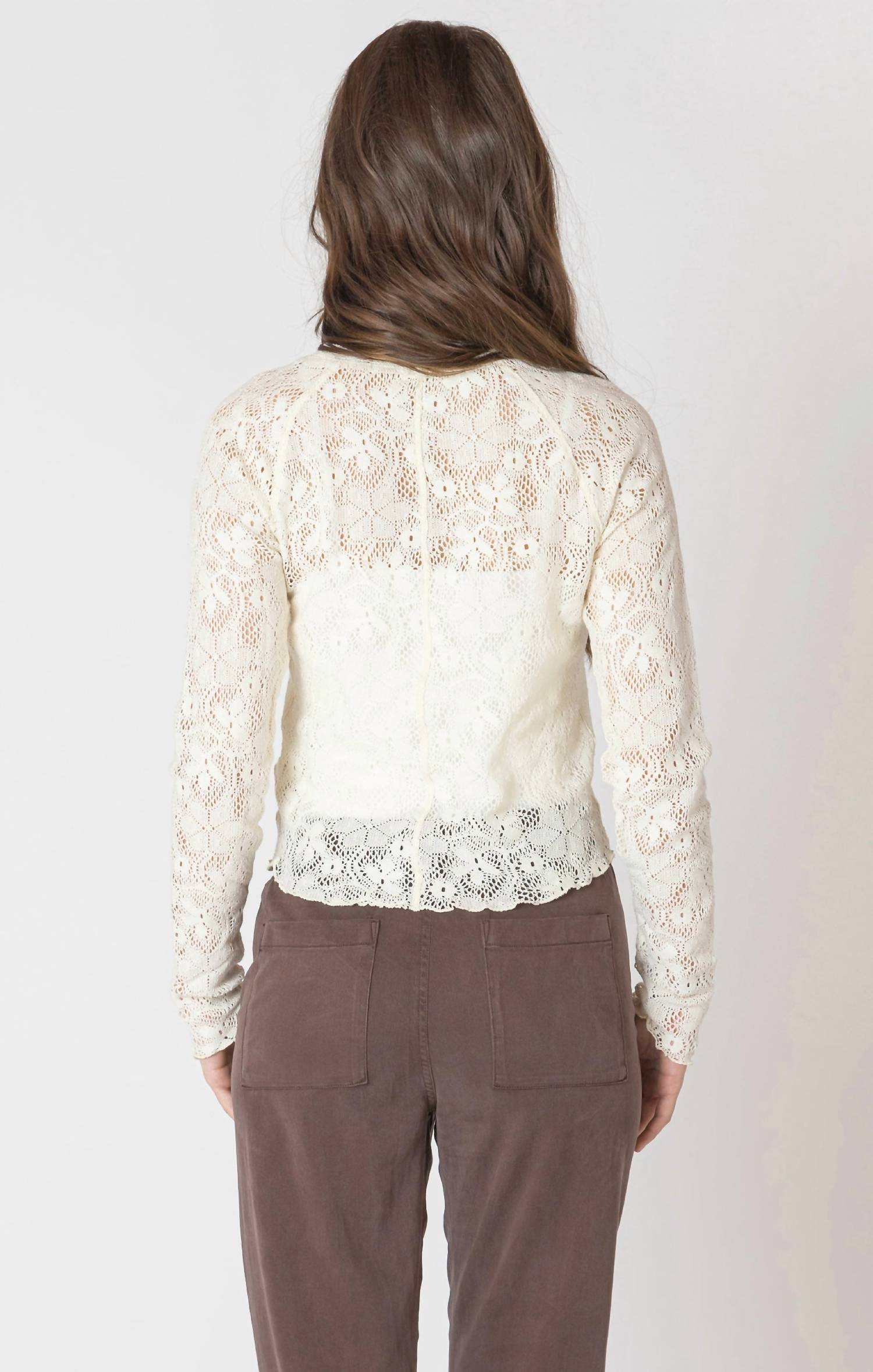 Dex Exposed Seam Lace Top in natural - women's long sleeve top - detail view
