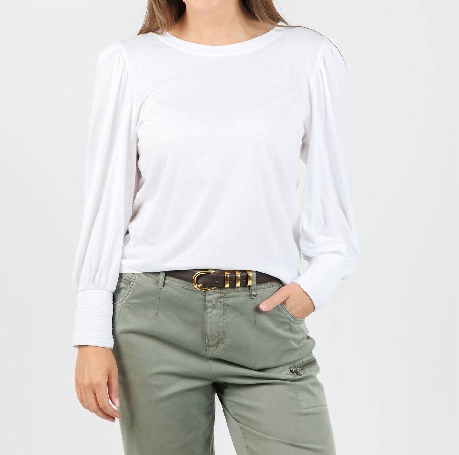 N.1 LA Loren Smocked Peasant Tee Top in white - women's long sleeve top