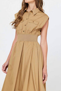 Current Air - Shirt Collar Cap Sleeved Midi Dress