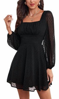 Lyaner - Swiss Dot Square Sheer Sleeve Dress