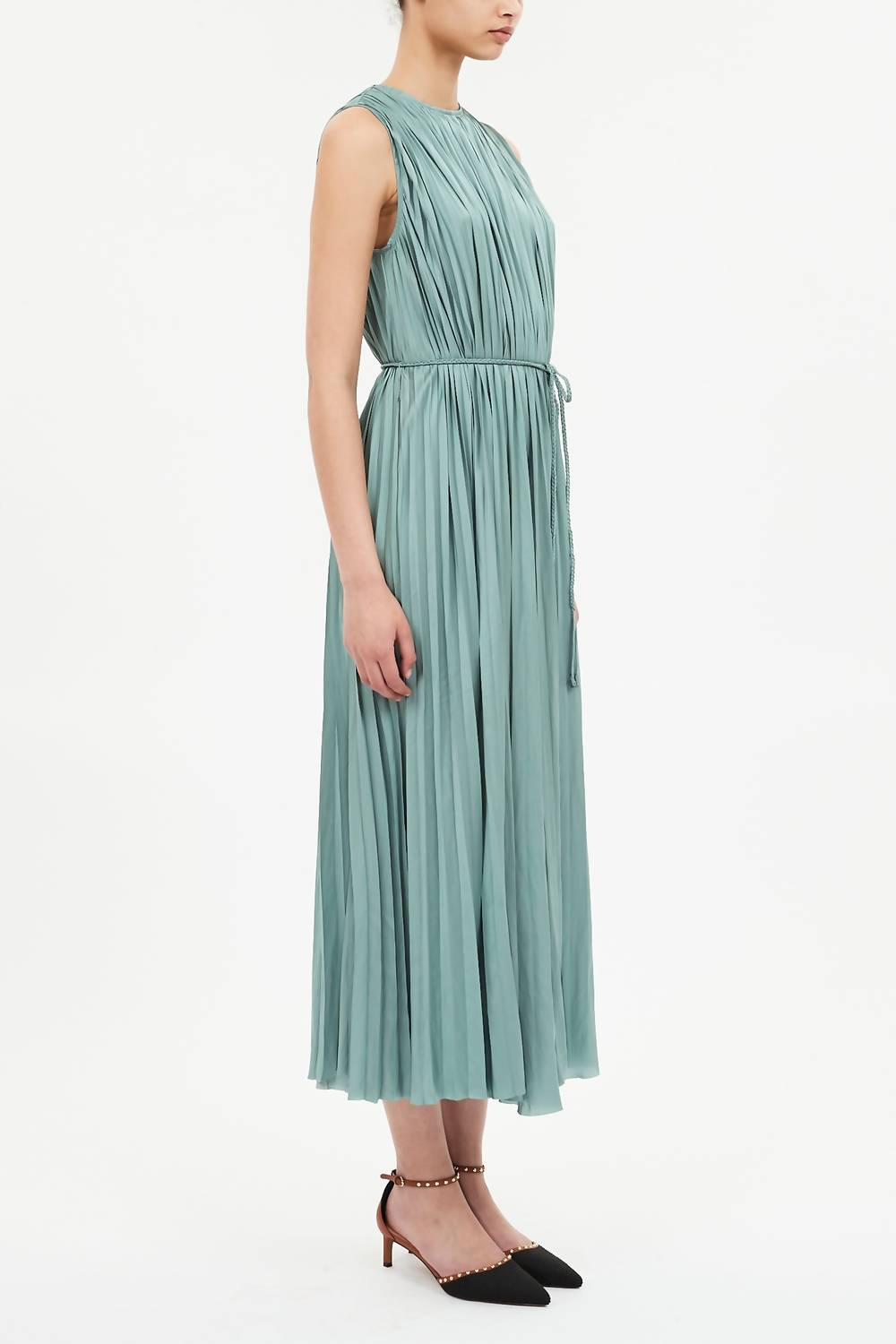 Ulla Johnson Fianna Pleated Midi Dress in sea glass - women's dress - detail view