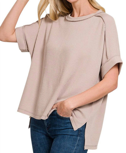 Zenana - Textured Line Short Cuff Sleeve Raw Edge Top