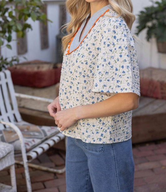 Voy - Floral Embroidered Color Block Top